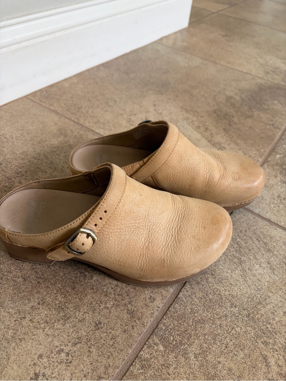 Dansko Tan Leather Clogs with Black Buckle Accent